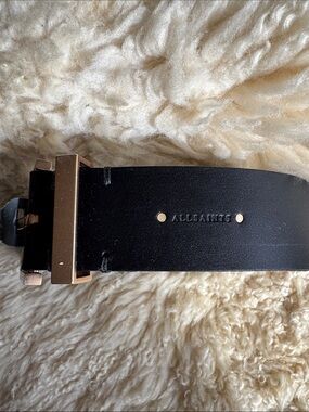 All Saints Black Leather Belt with Gold-Tone Buckle